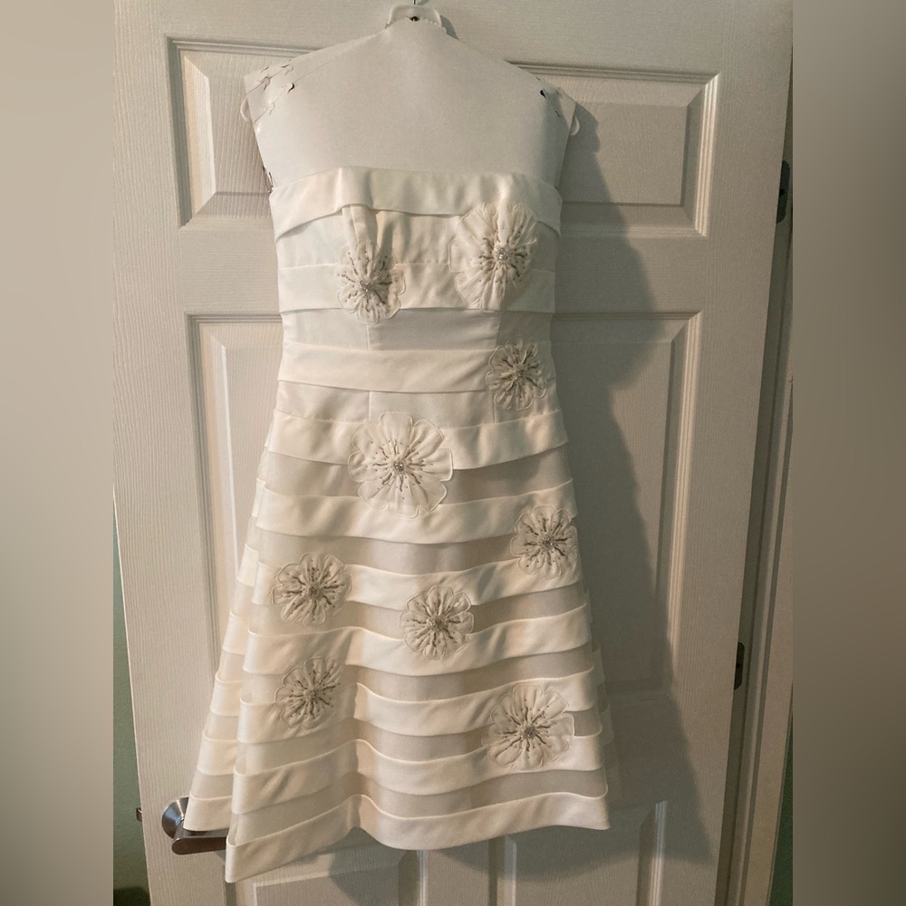 Elegant White Wedding/cocktail Dress with Floral Accents (bonus: free shrug)